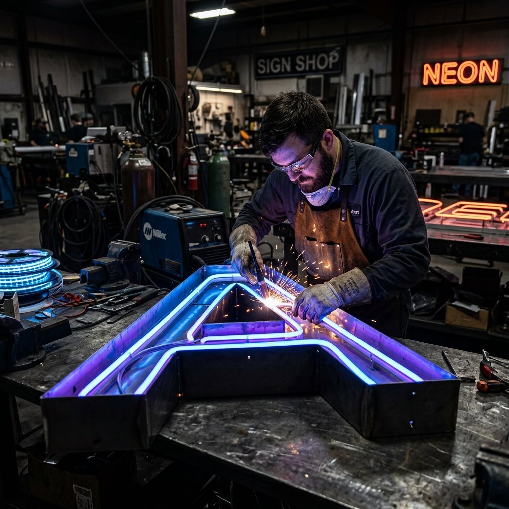 Craftsman building illuminated channel letters in Signs2go workshop